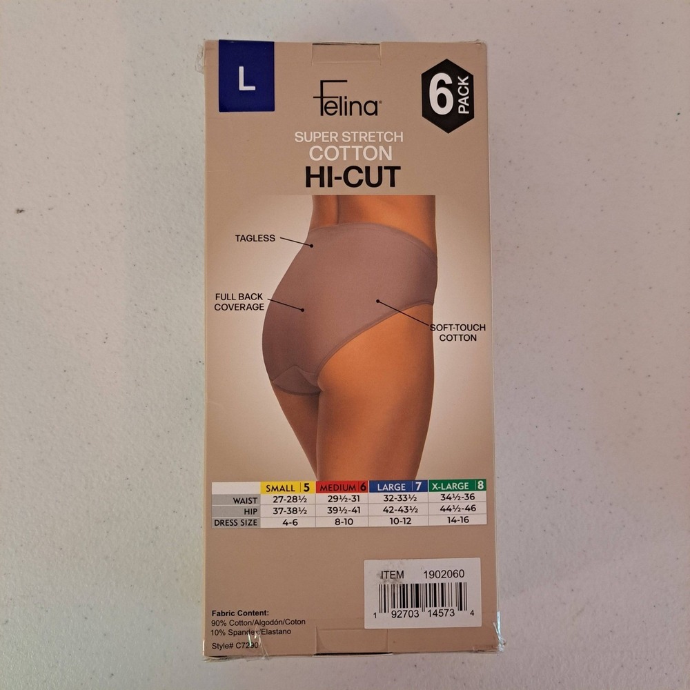 Felina Super Stretch Cotton Hi-Cut Panties 6-Pack Multi Color Size Large 1902060 - Picture 2 of 2